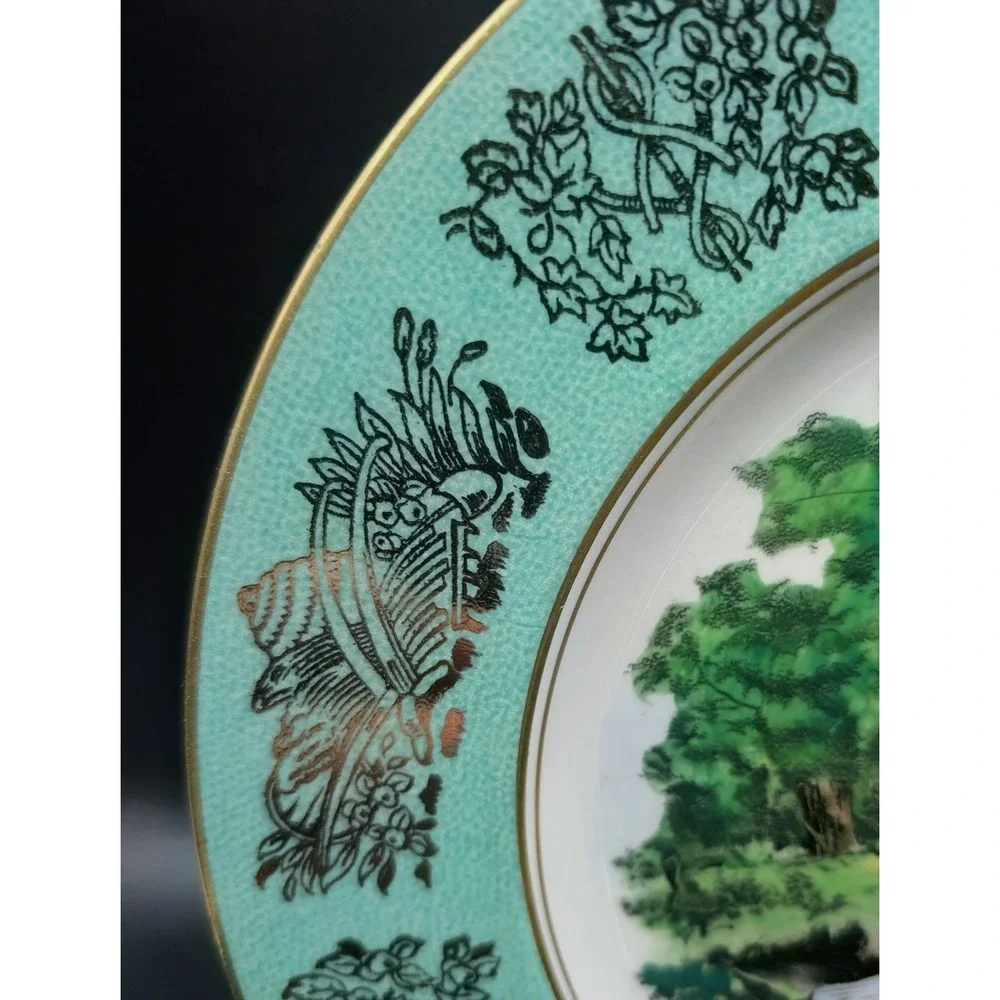 Royal Staffordshire Clarice Cliff Fly Fishing Dinner Plate Mint Green‎ Gold Gilt